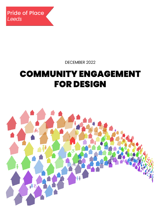 Front page of report "Community Engagement for Design". Features graphic of colourful silhouettes in the shape of houses.